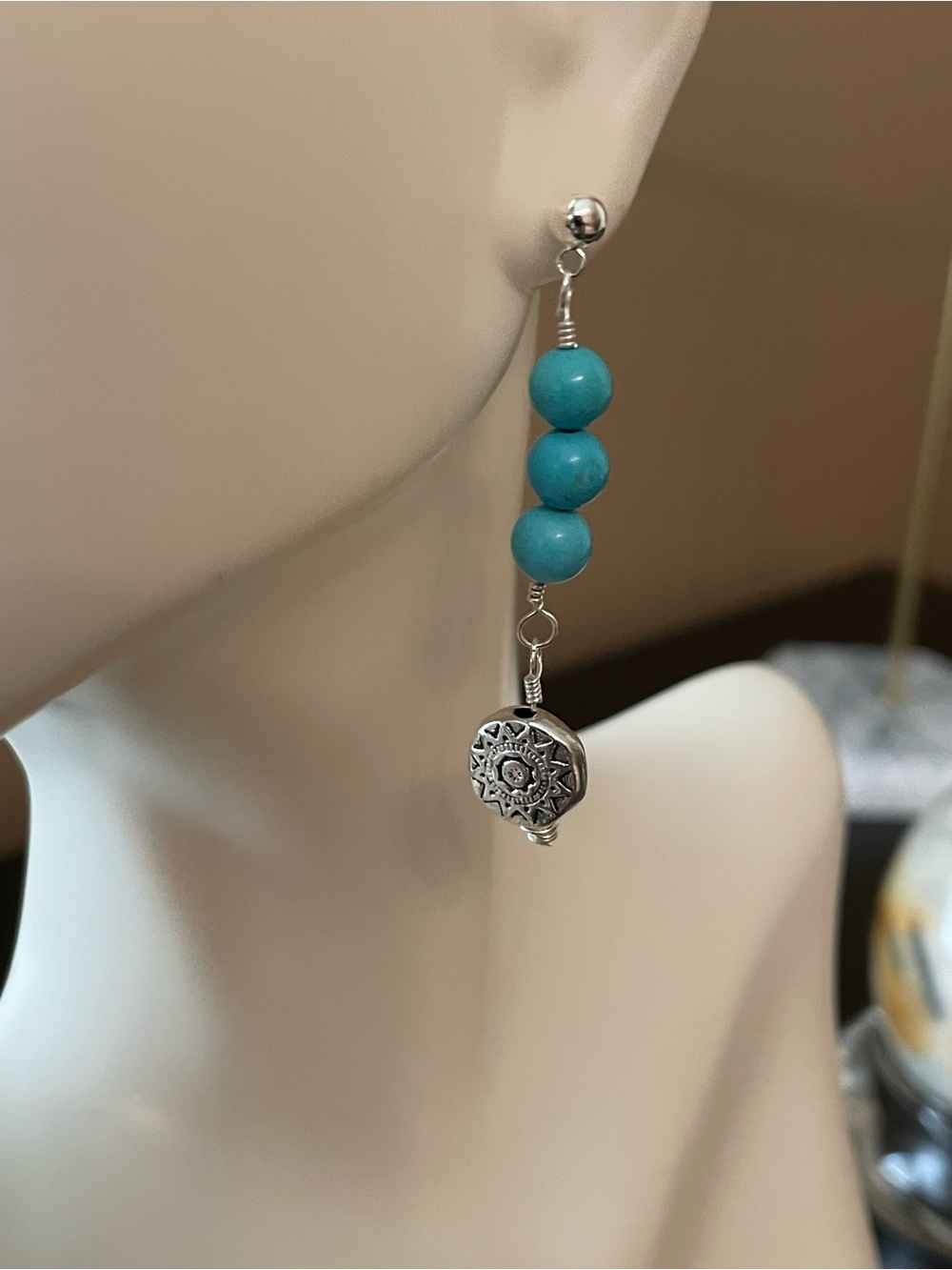 Hand Crafted Turquoise Bead Drop Earrings with Silver Medallion - Picture 6 of 6